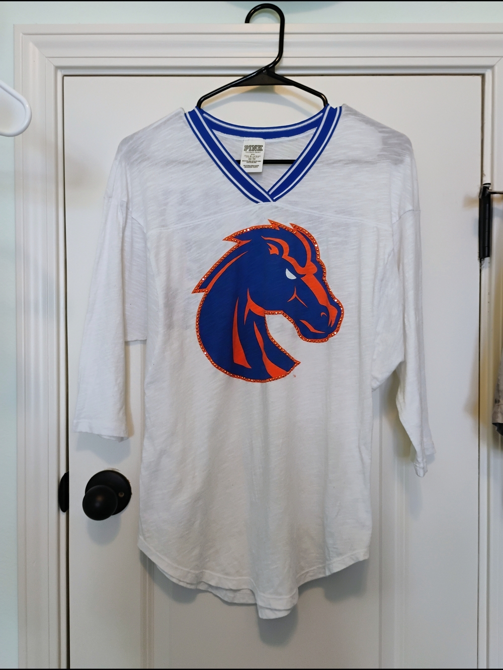 PINK Victoria's Secret Boise State White Tee with Blue Striped V-Neck